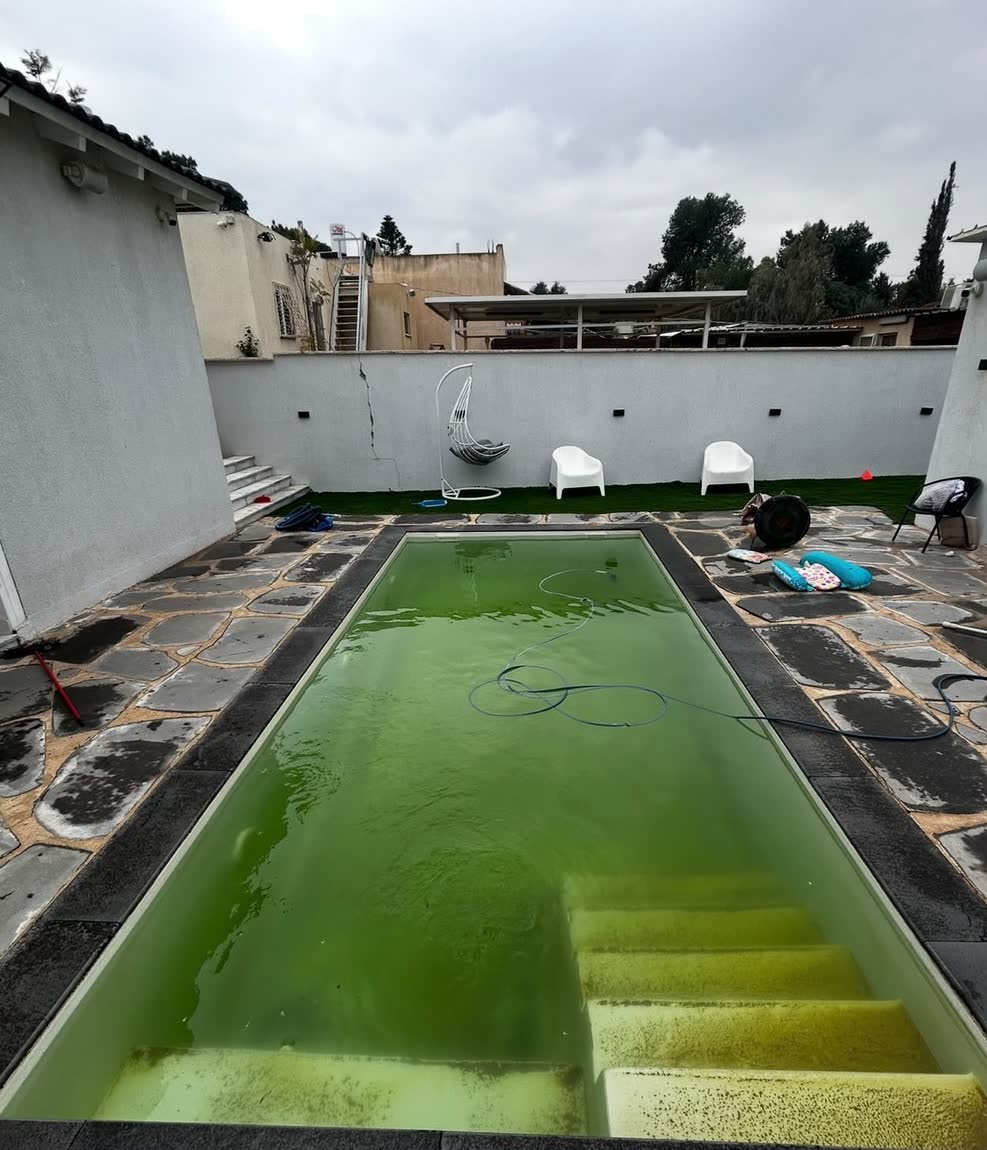 בריכה פרטית עם אצות ומים ירוקים, לפני הטיפול